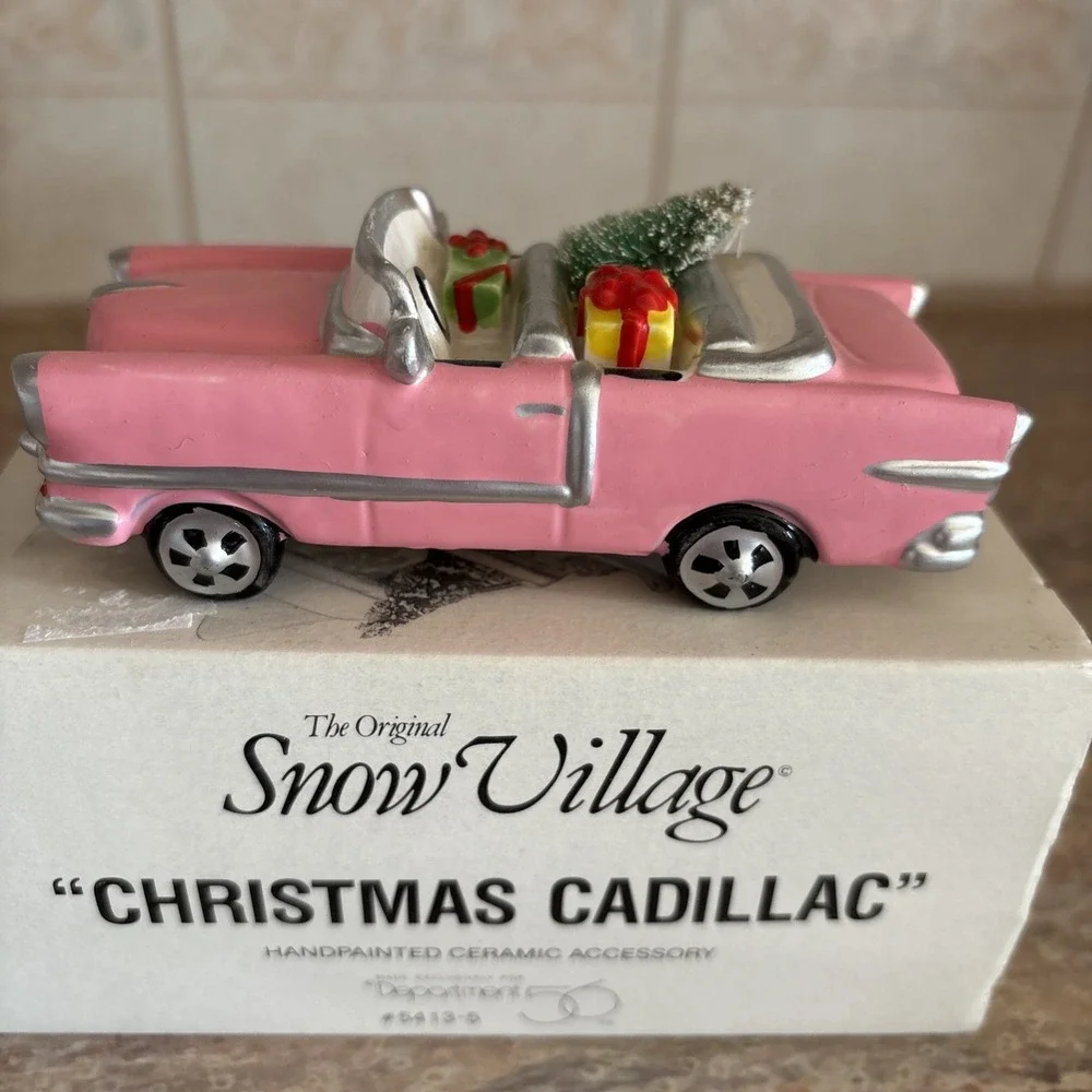 Dept 56 Snow Village Christmas Cadillac Pink Hand Painted Ceramic Retired #54135